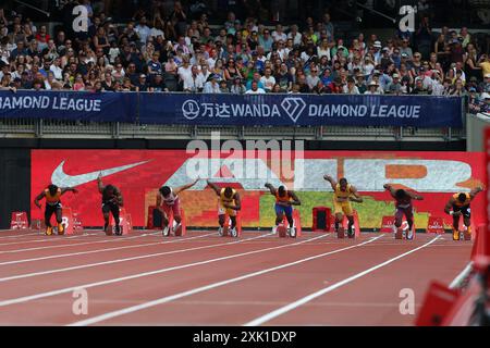 London Stadium, London, Großbritannien. Juli 2024. 2024 London Diamond League Athletics; der Start der 100 Meter langen Männer Beschreibung: Action Plus Sports/Alamy Live News Stockfoto