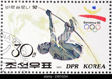 Von Nordkorea gedruckte Briefmarke für die Olympischen Sommerspiele 1992 - Barcelona, um 1991. Stockfoto