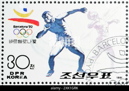 Von Nordkorea gedruckte Briefmarke für die Olympischen Sommerspiele 1992 - Barcelona, um 1991. Stockfoto