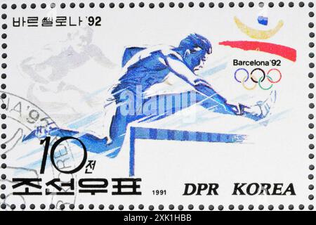 Von Nordkorea gedruckte Briefmarke für die Olympischen Sommerspiele 1992 - Barcelona, um 1991. Stockfoto