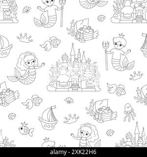 Nahtloses Muster in Schwarz und weiß der Meerjungfrauen. Unterwasserlinie Königreich wiederholen Hintergrund mit Prinzessin, Prinz, Fisch, Burg, Algen, Schätze Stock Vektor