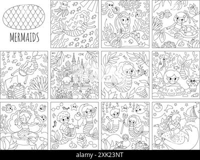 Vektor-Schwarzweiß-Set von Landschaftsillustrationen mit Meerjungfrau. Kollektion von Szenen aus dem Ozean oder dem Meeresreich mit Meerprinzessin, Burg, Schatz Stock Vektor