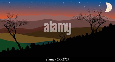 Landschaft mit grünen braunen Hügeln Himmel und Mond Design; nach Sonnenuntergang Illustration Landschaft Stock Vektor