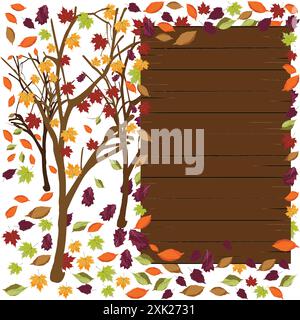 Farbenfrohe herbstliche Blätter mit leeren Holzschildern für Ankündigungen, Veranstaltungen, Menü, Bildung, Botschaften Stock Vektor