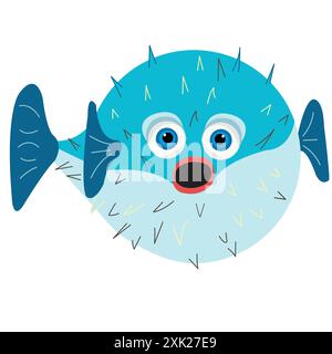 Blauer Blowfish mit offenem Mund; Illustration eines Meeresfisches, der staunend aussieht Stock Vektor