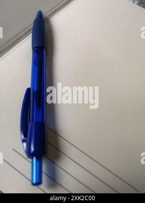 Blauer Kunststoffstift liegt auf offenem, frischem und neuem Notizblock Stockfoto