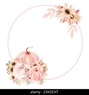 Rahmen runde Herbstblätter, Blumen und Kürbisse auf weißem Hintergrund. Aquarellabbildung in hellen Farben. Die Zeichnung ist handgezeichnet. Geeignet für Karten, Einladungen und Textilien. Stockfoto