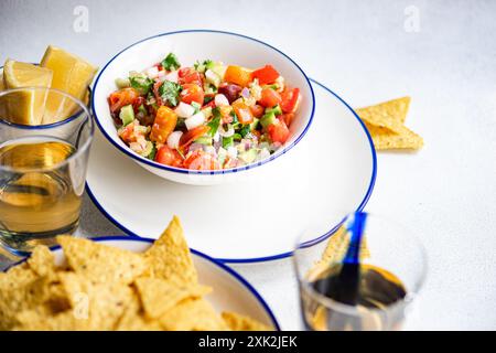 Farbenfrohe und würzige mexikanische Salsa mit Tomatenwürfeln, Zwiebeln, Koriander, Avocadostückchen und einem Spritzer Zitronensaft, serviert in einer weißen Schüssel mit bl Stockfoto