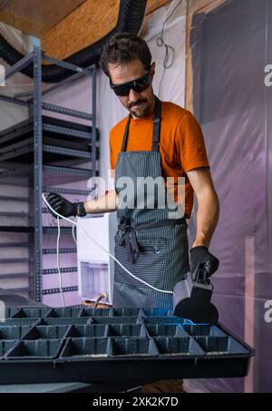 Ein Mann in einem orangefarbenen T-Shirt und einer gestreiften Schürze stellt die Beleuchtung über Mikrogrün-Tabletts in einer vertikalen landwirtschaftlichen Umgebung ein und zeigt eine moderne Landwirtschaft Stockfoto