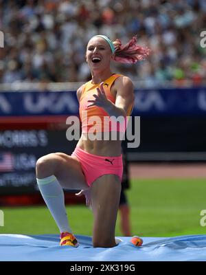 London, Großbritannien. Juli 2024. London, Großbritannien. , . Sandi MORRIS von United States Womens in the Pole Vault reagiert während des London Athletics Meet, Teil der Wanda Diamond League Serie 2024 im London Stadium am 20. Juli 2024 in London Credit: PATRICK ANTHONISZ/Alamy Live News Credit: PATRICK ANTHONISZ/Alamy Live News Credit: PATRICK ANTHONISZ/Alamy Live News Stockfoto