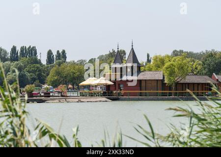 Altmodisches hölzernes Hafengebäude an einem Balaton-See-Strand Stockfoto