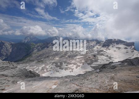 Symbolbild Wanderer, felsiges Gelände, Berglandschaft, steiler Aufstieg, Rucksack, schneebedeckte Flecken, Wanderroute, Gebirgspfad, Outdoor-Aktivität, Bergwandern, Menschen in der Ferne, karge Landschaft, steiniger Pfad, hochgelegene Region, Geröllfeld, Panorama, Berggipfel, Wolkenhimmel, Bergblick, Alpines Klima, kühle Temperaturen, dünne Luft, Klimawandel, schmelzende Gletscher, veränderte Wetterbedingungen, Zugspitze, Alpen, imposante Bergformationen, Seilbahn *** symbolischer Imagewanderer, felsiges Gelände, Berglandschaft, steiler Aufstieg, Rucksack, schneebedeckte Flecken, Wanderroute, Bergwelt Stockfoto