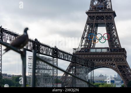 Baustelle in den Trocadéro-Gärten, vor dem Eiffelturm mit olympischen Ringen. Paris, Frankreich, 17. Juni 2024. Stockfoto