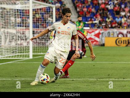 Harrison, NJ, USA. Juli 2024. FC Cincinnati Mittelfeldspieler Gerardo Valenzuela (22) während eines MLS-Spiels zwischen dem FC Cincinnati und den New York Red Bulls in der Red Bull Arena in Harrison, NJ Mike Langish/CSM/Alamy Live News Stockfoto