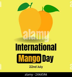 Internationales Banner für den Mango-Tag, Banner für die Feier des World Mango-Tages, Post in sozialen Medien. 22. Juli mit zwei leckeren Ripped Mango auf gelbem Hintergrund. Stock Vektor