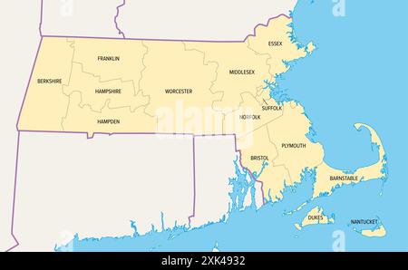 Massachusetts County, politische Karte. Commonwealth of Massachusetts, ein Bundesstaat in der Region New England im Nordosten der Vereinigten Staaten. Stockfoto