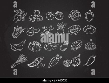 Kreidete Skizze Gemüsesymbol Set Vektorillustration. Weiße Kreidelinie, handgezeichnetes Gemüse, Tomaten und Zwiebeln, Knoblauch und Pilze Stock Vektor