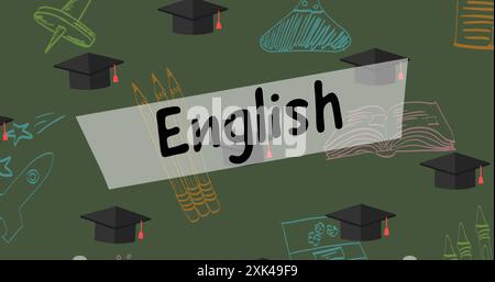 Bild von englischem Text über Symbolen für Schulsachen auf grünem Hintergrund Stockfoto