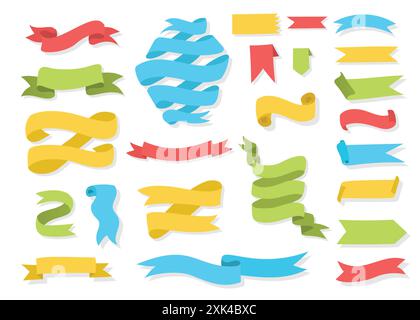 Hand gezeichnetes Banner buntes Vektorset. Kollektion eleganter handgezeichneter flacher Banner mit geschwungenen Formen und wirbelnden Bändern in modernen Cartoon-Farben für Stock Vektor