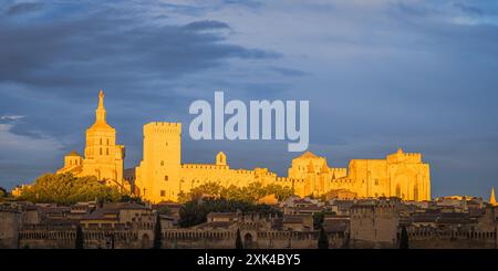 Ein 2:1-Bild eines Sommerabends mit dem letzten Licht des Tages strahlt auf die Kathedrale von Avignon (Cathédrale Notre-Dame des Doms d'Avignon), eine römische Katholikin Stockfoto