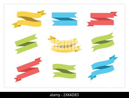 Illustration des leeren Etikettenbands des Vektorsatzes. Bunte flache, gebogene Bänder, Scrollflaggen oder gewellte Etiketten mit Leerraum für Nachrichten, isoliert o Stock Vektor