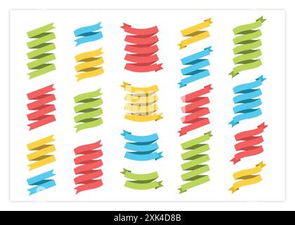 Illustration des Vektorsatzes des Flachbandbanner. Bunte flache, gebogene Bänder, Scrollflaggen oder gewellte Etiketten mit Leerraum für Nachrichten, isoliert o Stock Vektor