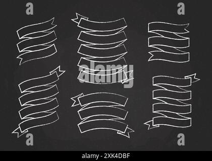 Illustration des Banners mit Kreidestrich-Band-Vektor-Set. Weiße, gekrümmte Bänder in Kreideform, Scrollflaggen oder gewellte Etiketten mit Leerzeichen für Nachrichten Stock Vektor