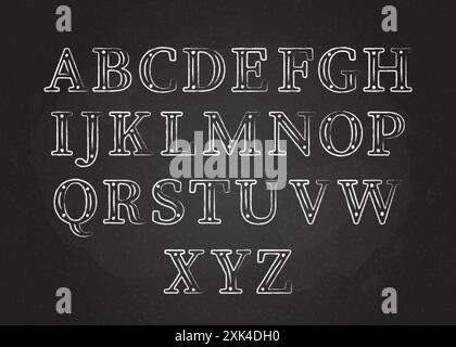 Illustration des Vektors der ABC-Sammlung mit Kreide. Großbuchstaben in weißer Konturkreide mit Punkten und Aufzählungselementen auf der Tafel in alphabetischem Co Stock Vektor