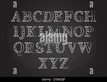 abc-Schriftartvektor-Illustration im Retro-Kreidestil. Tafel mit weißer Kreidekontur, englisches Alphabet in Großbuchstaben, gefüllt mit Vintage-Punkten. Dekorativ Stock Vektor