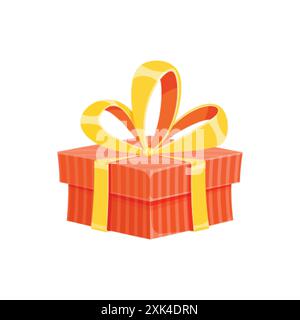 Überraschung Geschenkbox oder Geburtstagsgeschenk Cartoon Vektor Illustration. Bunte flache quadratische Geschenkschachtel mit rotem Geschenkpapier, gelbem Band und süßer Schleife. B Stock Vektor