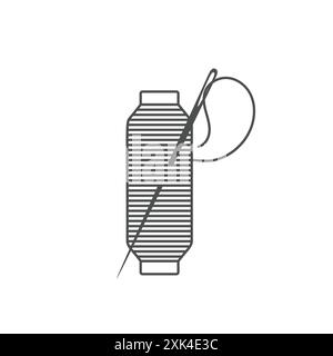 Silhouette von Nadel und Spule Vektor-Illustration. Schwarze Spulensilhouette mit umrissener Nadel und Garn isoliert auf weißem Hintergrund. Maschinen Stock Vektor