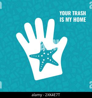 Stoppen Sie Ozean Kunststoff Verschmutzung Konzept Vektor Illustration. Seesterne umranden Meerestier im flachen Symbol des Kunststoffhandschuhs. Gefährdung der Unterwasserwelt Stock Vektor