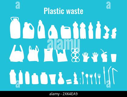 Kunststoffbehälter und Einwegschalen setzen Vektorillustration. Sammlung von Symbolen für Kunststoffabfälle. Gebrauchte Kunststoffverpackungen, Geschirr und Behälter Stock Vektor