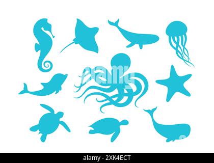 Meerestiere Kontur Set Vektor Illustration. Isolierte Silhouetten der Sammlung von Meeressäugern und Fischen auf weißem Hintergrund. Blauwal, Tintenfisch Stock Vektor