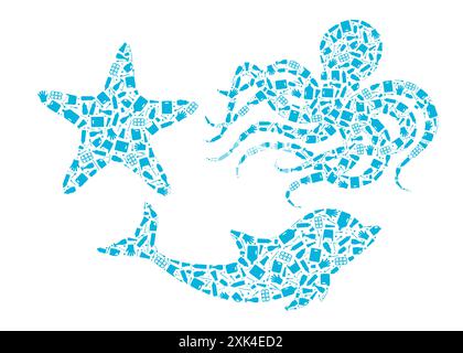 Plastikmüll Meeresumwelt Problem Konzept Vektor Illustration. Ozean Tiere Umrissset gefüllt mit Plastikmüll flache Symbole, isoliert auf weiß Stock Vektor