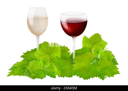 Rot- und Weißwein mit Weinblättern isoliert auf weißem Hintergrund Weinrebe Stockfoto