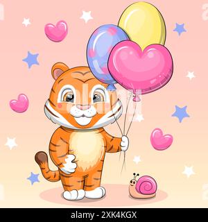 Niedlicher Cartoon-Tiger mit Ballons und Schnecke. Vektor-Illustration eines Tieres auf einem rosa Hintergrund mit Herzen und Sternen. Stock Vektor