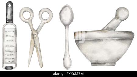 Aquarell Küchenutensilien Illustrationsset, Reibe, Sterbliche, Schere und Löffel handgezeichnete Illustrationen. Stockfoto