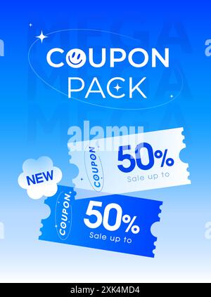 3D-Coupons in blau und weiß mit Coupon-Code, Prozentsatz aus, isoliert auf hellblauem Hintergrund. Rabattgutscheine für schwarze Banner-Vorlage am Freitag. 3D-Vektordarstellung. Vektorabbildung Stock Vektor