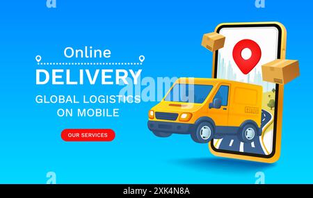 Online-Bereitstellung globale Logistik auf Mobilgeräten, Lieferung innerhalb der Stadt. Vektor Stock Vektor