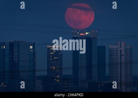 Vollmond der rote Vollmond zieht über die Frankfurter Bankenskyline hinweg. Wegen seiner rötlichen Färbung beim Aufgang wird der Vollmond im Monat Juli auch Erdbeermond oder Blutmond genannt. Frankfurt am Main Hessen Deutschland *** Vollmond der rote Vollmond überquert Frankfurts Bankenskyline der Vollmond im Juli wird wegen seiner rötlichen Farbe auch Erdbeermond oder Blutmond genannt. Frankfurt am Main Hessen Deutschland 2024-07-20 ffm vollmond 02 Stockfoto