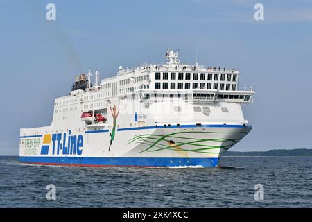 Die Fähre PETER PAN kommt in Travemünde an Stockfoto