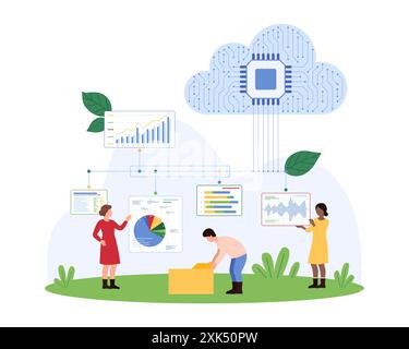 Big-Data-Analyse mit Cloud Smart Service. Winzige Leute analysieren Diagrammberichte, Tortendiagramme im Netzwerk, Zugriff auf integrierte digitale Infrastruktur zur Analyse von Informationen Cartoons Vektorillustration Stock Vektor