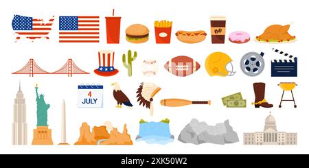 Reise in die Vereinigten Staaten von Amerika Set. Amerikanische Kultur und Erbe Stadt Wahrzeichen Aufkleber Sammlung, Fast Food und Flagge, Brücke und Gebäude, Adler und Baseball Cartoon Vektor Illustration Stock Vektor