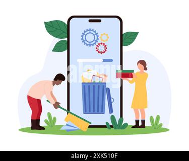 Speicher-Cache und Office-Dokument, Ordnerbereinigung mit mobiler App. Winzige Leute löschen E-Mails und Videodateien, Bilder mit Besen und Mülleimer auf dem Smartphone-Bildschirm Cartoonvektorillustration Stock Vektor