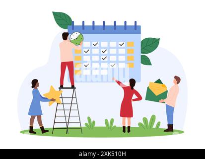 Zeitmanagement, Organisation von Geschäftsereignissen im Kalender. Winzige Leute markieren Deadline Tag, Termin oder Meeting mit Häkchen auf Kalender Organisator, überprüfen Datum mit Erinnerung Cartoon Vektor Illustration Stock Vektor