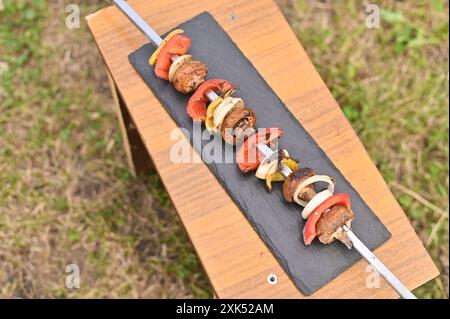 Gemüsekebab auf einem Spieß aus Pilzen, Tomaten und Zwiebeln Stockfoto