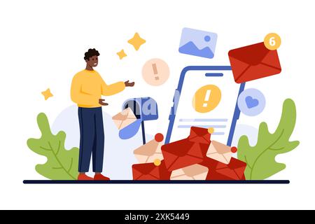 E-Mail-Spam-Überladung. Winziger Mann in Angst und Stress von der Online-Zustellung von vielen Spam-Briefen und Dokumenten, die aus der vollen Mailbox fallen, Warnmeldung auf dem Telefon-Bildschirm Cartoon-Vektor-Illustration Stock Vektor