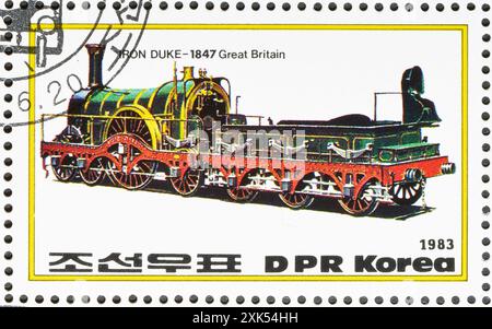 Gestempelte Briefmarke von Nordkorea, die die Iron Duke Lokomotive 1847, Großbritannien, um 1983 zeigt. Stockfoto