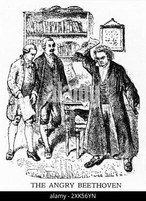 Gravur von Ludwig van Beethoven, der in einem Wutanfall Material auf den Boden wirft Stockfoto